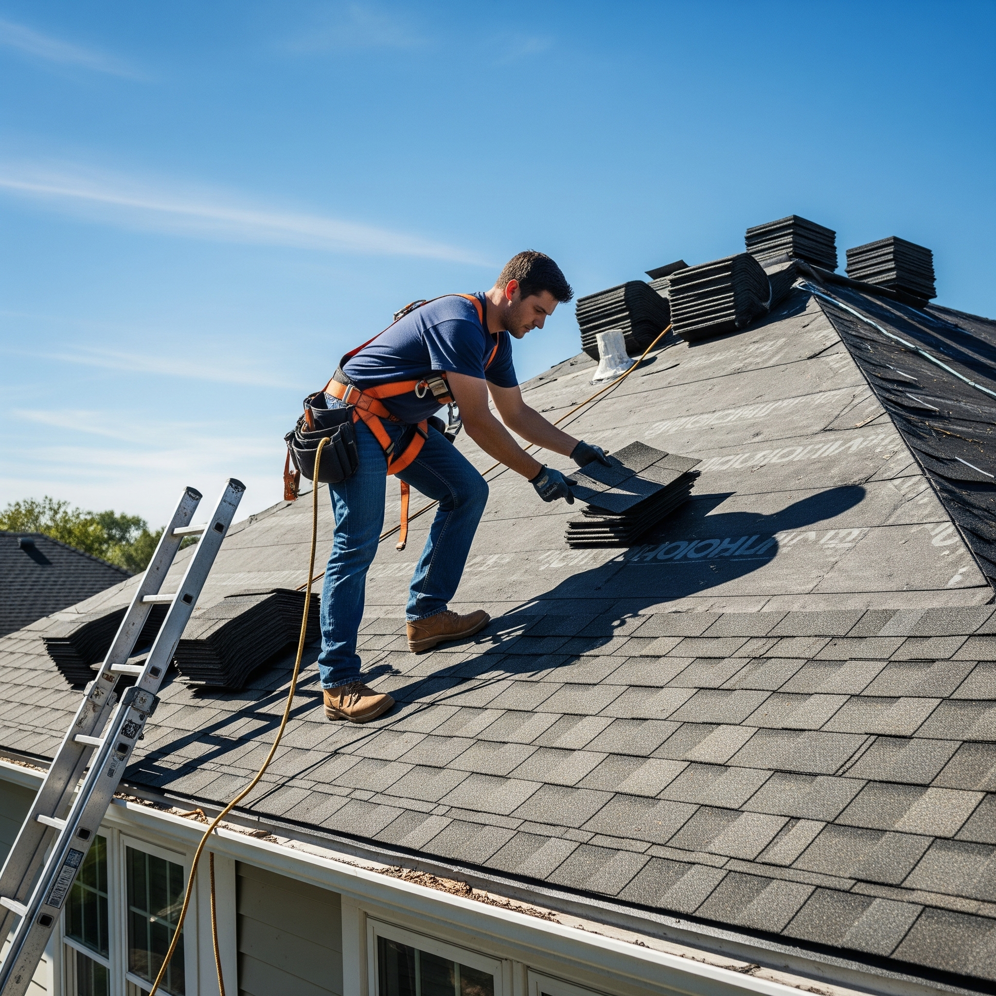 Professional roofer installing shingles